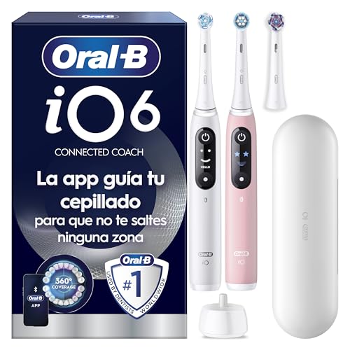 Oral-B iO6 Pack De 2 Cepillos De Dientes Eléctricos Blanco y Rosa Con 3 Cabezales y Estuche De Viaje, 5 Modos De Cepillado, Sensor De Presión, Temporizador y Aplicación, Cepillo Dental Oral B