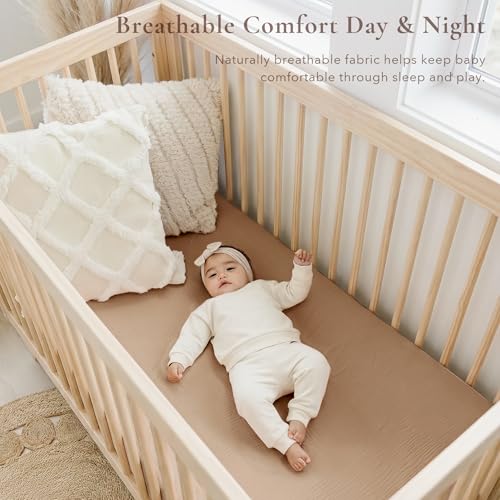Image of Konssy Muslin Crib Sheets for Girl Boy, 2 PCS Soft and Breathable Cotton Baby Sheets for Standard Crib Mattress, 52 inchx 28 inch (Brown, Cream)