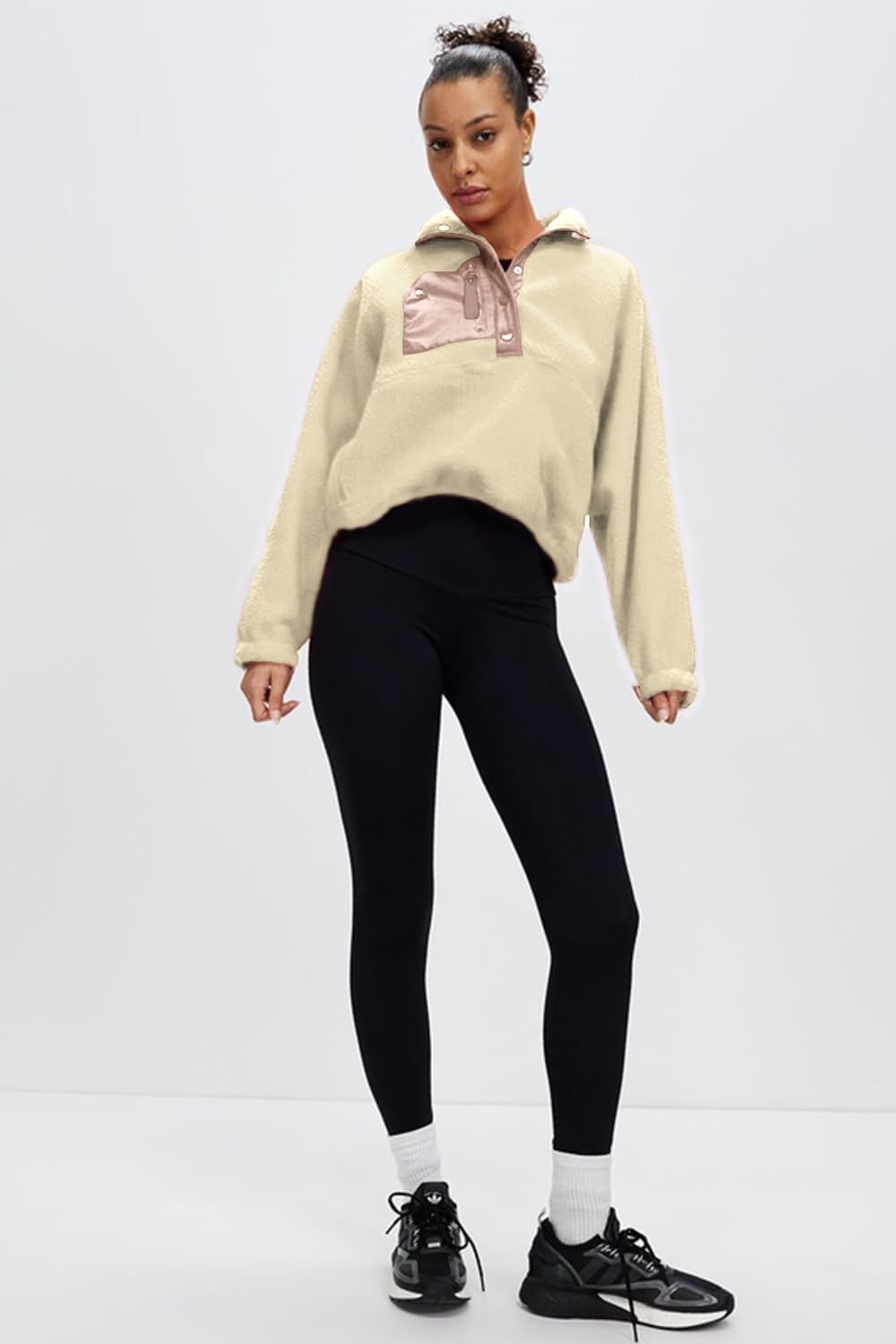 Aoang Womens Oversized Sherpa Jacket Fuzzy Fleece Teddy Coat with Pockets Colorblock S-XL - Image 3