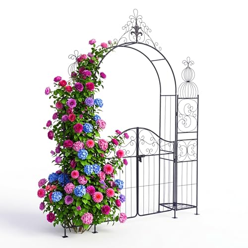 Arche à Roses Relaxdays avec Porte, 2 étagères, métal, Jardin, HxLxP: 263x190x39 cm, Support Plantes grimpantes, Noir