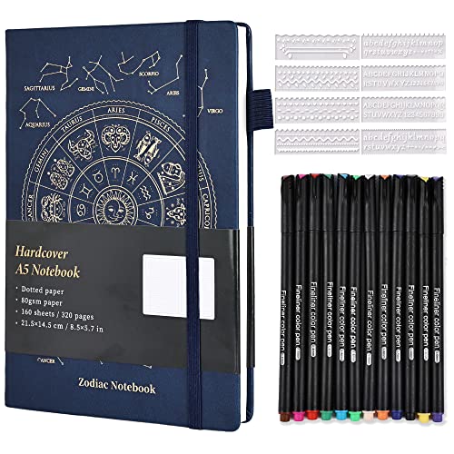 Diario A5 con puntos de bala, cuadernos de tapa dura con 12 colores, 8 hojas de plantilla hueca, 320 páginas de papel de cuadrícula con banda de correa, soporte para bolígrafo (azul) Cover