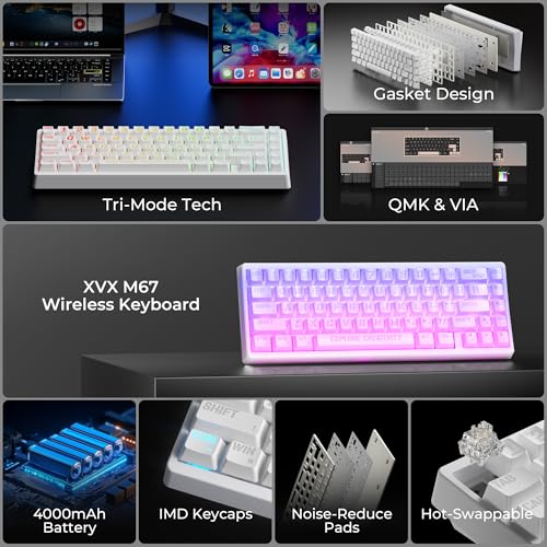 Image of HITIME XVX M67 Wireless 60% Percent Keyboard, QMK /VIA Topographic Gaming Keyboard, Tri-Mode Thocky Creamy Mechanical Key Board, Hot Swappable Gasket Mount RGB IMD Tech for Win /Mac, Miami Theme, White