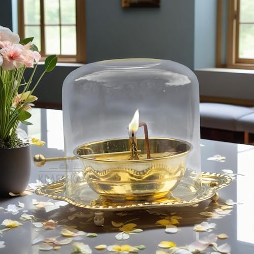 Brass Akhand Oil Diya 3x3.5 inch with Clear Glass Cover | Rotating Lifting Wick | Perfect for Spiritual Decor, Hindu Rituals, Diwali Festive Gifts — photo — 9 of 9