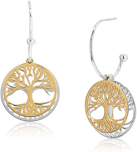 Vanbelle Sterling Silver Jewelry - Yellow Gold and Silver Plated with 925 Stamp - Tree of Life Half Hoop Earring - Elegant Handcrafted Earring for Women