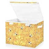 ZOEO Honey with Bees Yellow Large Lidded Storage Bin Foldable Storage Boxes Cubes Baskets Lids with 2 Handles for Home Bedroom Office...