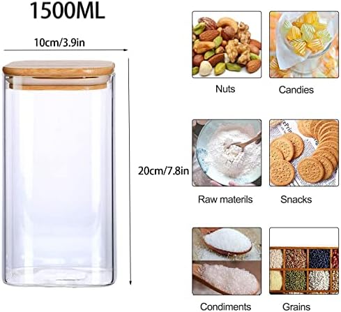 1500ml Glass Jars with Bamboo Lids, Clear Airtight Food Storage Container Jar with Sealing Lid, Canister Set for Pasta Flour Cereal Rice Sugar Tea Coffee Beans, Set of 3