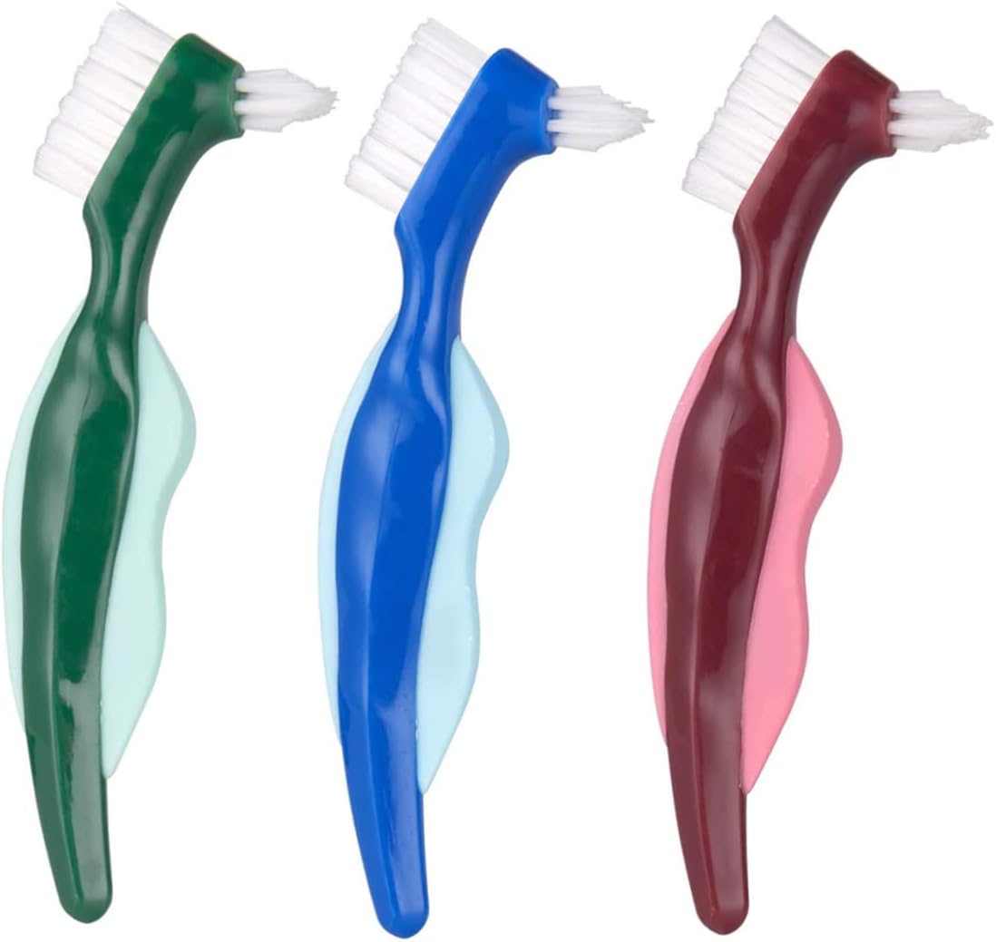 3pcs Double Sided Denture Cleaning Brushes with Hard Bristles Ergonomic Non Slip Handle and Brush Heads for Thorough False Teeth Care Red Green Blue