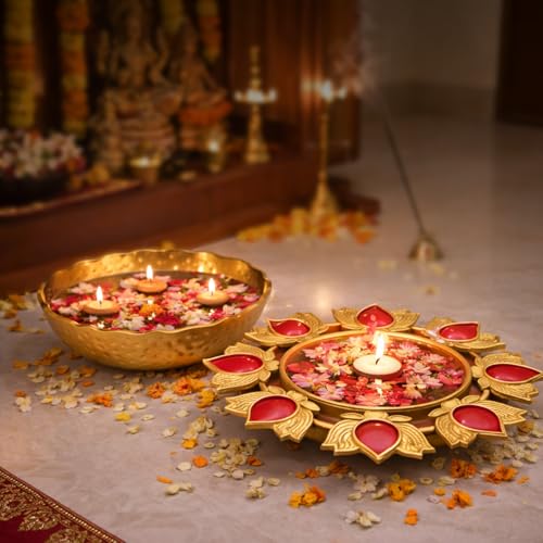 Image of Blush Pink Enamel & Gold Lotus Urli Bowl | Decorative Metal Centerpiece for Floating Candles & Flowers | Modern Home Decor for Diwali, Pooja, & Table Accent