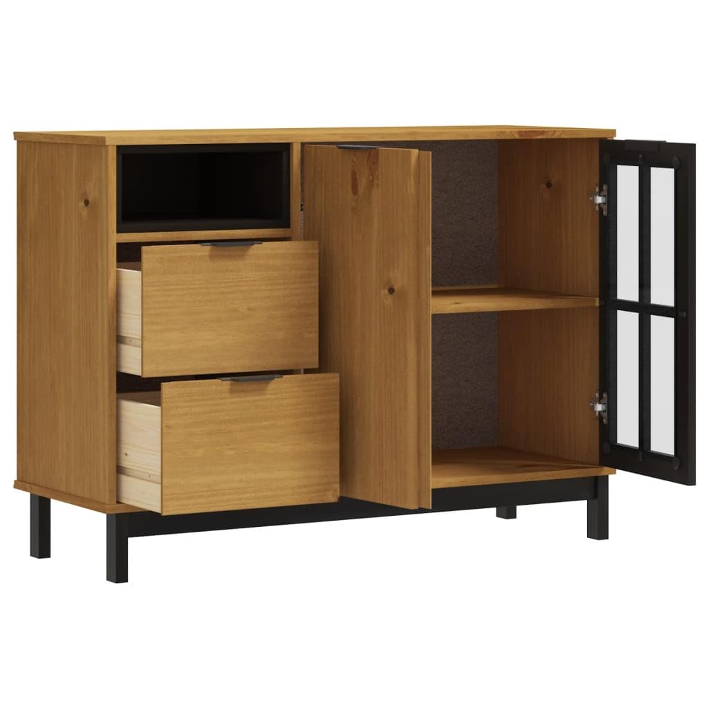 Komoda ze szklanymi drzwiami FLAM 110 x 40 x 80 cm, lite drewno sosnowe, salon, korytarz, jadalnia, solidne wzornictwo, miejsce do przechowywania, drewniane nogi, drzwi drewniane i szklane
