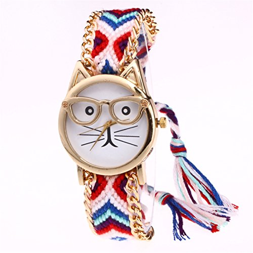 AQBD Fashion Women Lady Girls Cute Cat with Glasses Handmade Knitted Watch Wedding Party Gift wlp fB[X ̎q 킢 ዾ  L ҂ ꂽ 