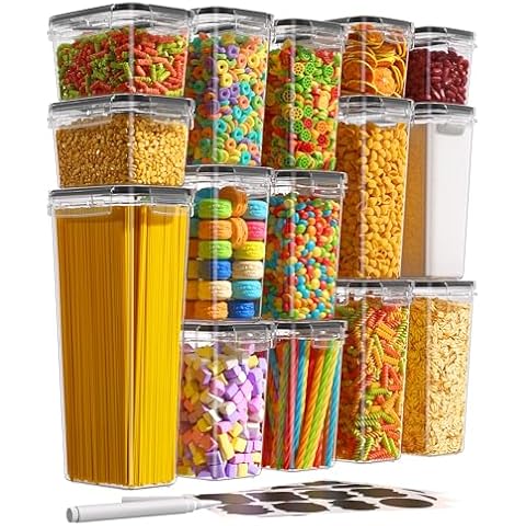 KEMETHY 15 Pack Airtight Food Storage Containers with Lids, Kitchen Pantry Organizers and Storage, BPA-Free Plastic Food Canisters for Cereal, Flour, Sugar, Pasta, Dry Food, Include Labels & Marker Cover