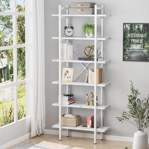 Azheruol Bookshelf 6 Tiers White Wooden Storage Shelf,Modern Open Display Storage Bookcase Book Organizer,Metal Bookshelf Standing Storage Shelf Tall Shelving Units for Home Office Study