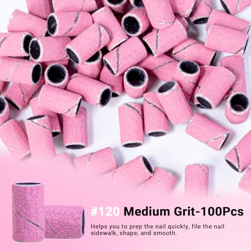 Image of MelodySusie 100 Pcs Nail Drill Bits Sanding Bands for Nail Drill 120 Medium Grit Nail File Sanding Bands for Acrylic Nails Gel Manicures and Pedicure,Light Pink