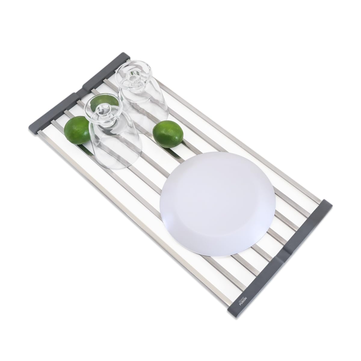 Grand Fusion Foldable Flat Bar Dish Drying Rack - Over The Sink Roll-Up Design, Large 20" x 9.5" Space-Saving, Elegant Kitchen Organizer, Portable, Stainless Steel, Dishwasher Safe, Gray
