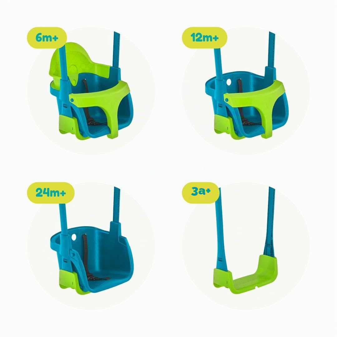 TP Toys Fauteuil Bébé Évolutif Quadpod 4 en 1 – Balançoire Bébé de 6 Mois à 8 Ans – Sangles d’Extension pour Portiques Hauts et Bas – Sécurisée et Confortable – Bleu/Vert