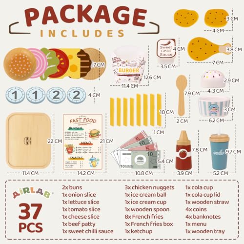 Airlab Kinderküche Spielküche Zubehör aus Holz, Küchenspielzeug Hamburger Fast Food Set Holz Lebensmittel Spielzeug mit Deutscher Speisekarte, Kaufladen Zubehör, Pädagogisches Rollenspiel Geschenk