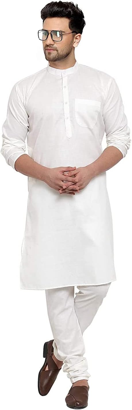 Gauri Laxmi Enterprise WELTPOCKET ¢ Men's Cotton Knee-Long Full Sleeve Solid Straight Kurta Pyjama Set (X-Large, White)