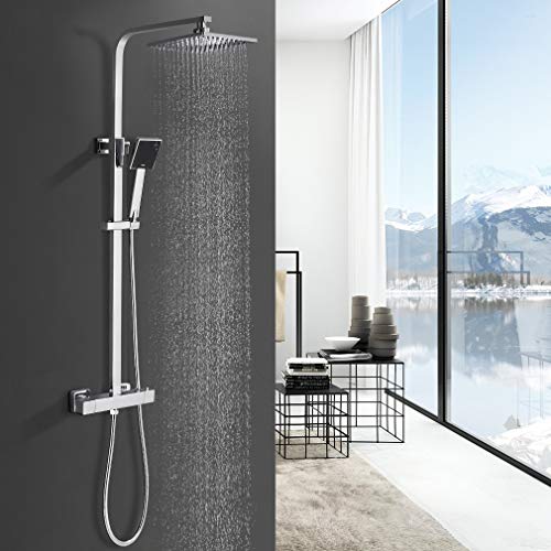 Preisvergleich Produktbild BONADE Thermostat Duschsäule Duschsystem Brausethermostat Duschset Regendusche Duscharmatur Duschgarnitur inkl. verstellbar Duschstange mit 8" quadratisch Überkopfbrause und Handbrause