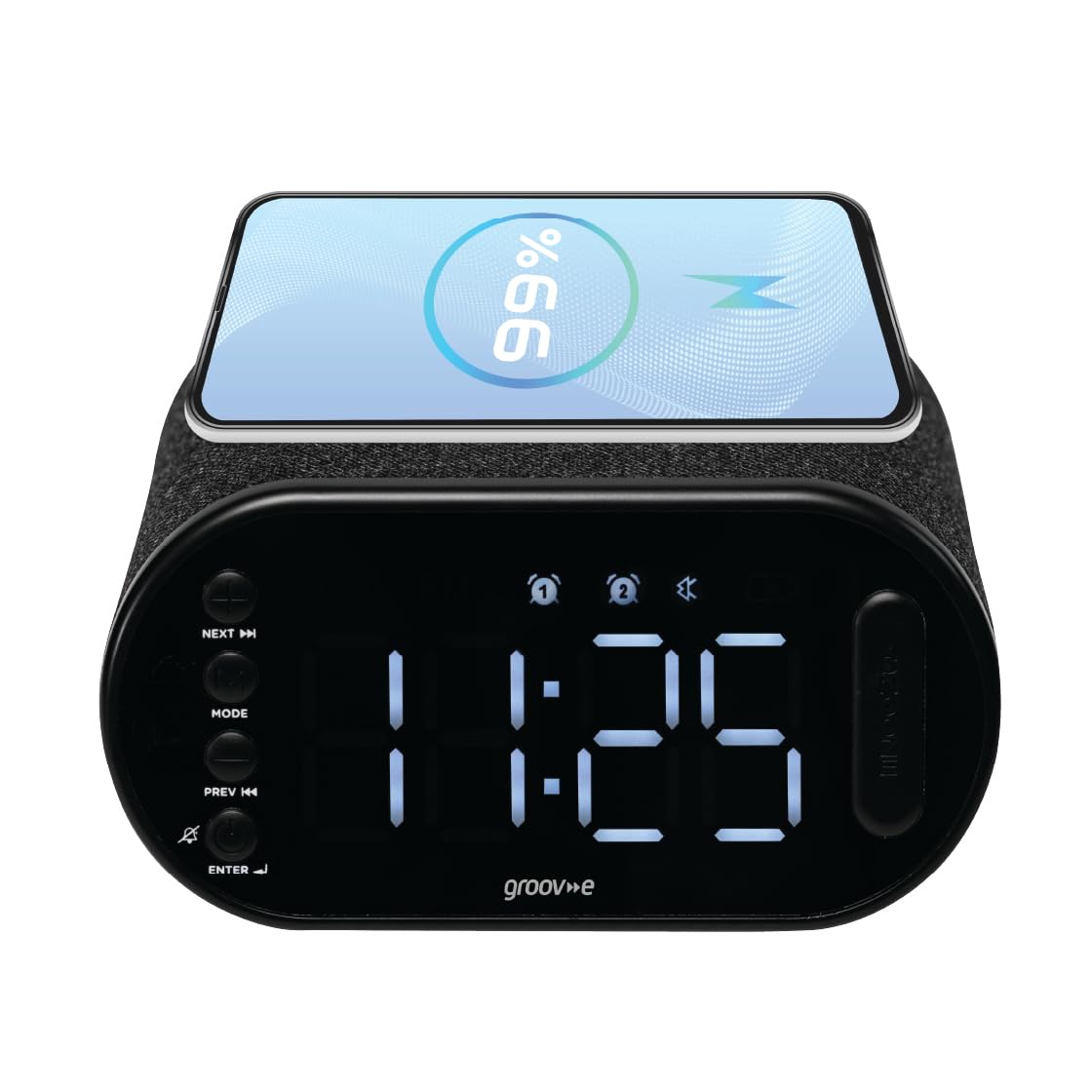 groov e Atlas II - Reloj Despertador Digital con Radio FM, Carga USB e inalámbrica, Pantalla LED y Alarma Dual, Funciona con USB o batería Recargable