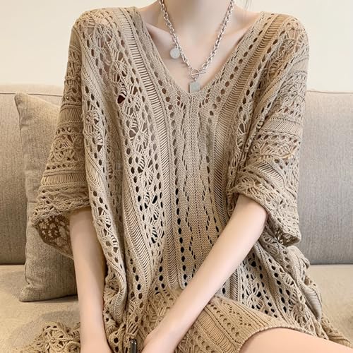 Image of SANNIDHI Crochet Cover Up for Women Loose Fit Beach Cover Up Stylish Boho V Neck Hollow Summer Top Coverup - Fits for Weight 50-70kg and Height 160-178cm