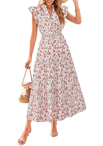 Image of PRETTYGARDEN Women's 2026 Summer Floral Midi Dress Cap Sleeve V Neck Ruffle Long Flowy Boho Casual Beach Vacation Dresses