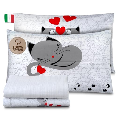 HomeLife Completo Lenzuola Matrimoniali Cotone Fantasia Made in Italy | Set Lenzuola Matrimoniale Cotone: Lenzuolo Matrimoniale Sopra, Lenzuolo Sotto Con Angoli, Due Federe Cuscini | Gattini Grigio