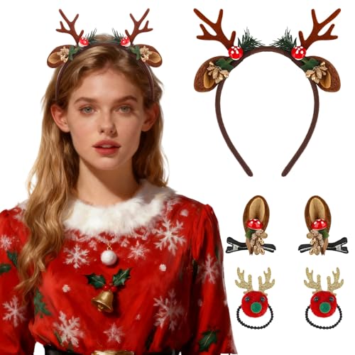 Srotmirw Cute Deer Antlers Headband Set 5 Pcs Brown Reindeer Antlers Headbands and Hair Clips for Women Man for Christmas Hair Accessories in Daily Life Festival and Party
