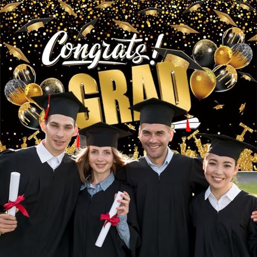 DASHAN 7x5ft Congrats Grad Class of 2026 Backdrop Black Gold Graduation Backdrop for Photography Graduation Banner Party Decorations with Balloons Background Cake Table Decor Photo Booth Props - image 2