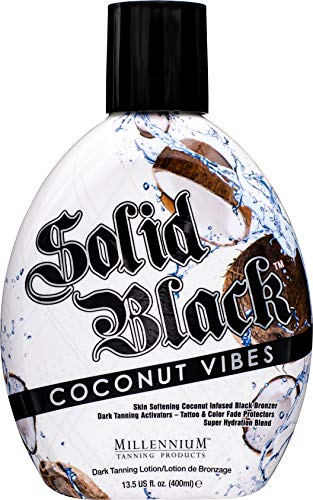 Millennium Tanning Solid Black Coconut Vibes Dark Tanning Lotion with Tattoo & Color Fade Protectors Super Hydration Blend for Indoor and Outdoor Tanning 13.5 fl. oz.