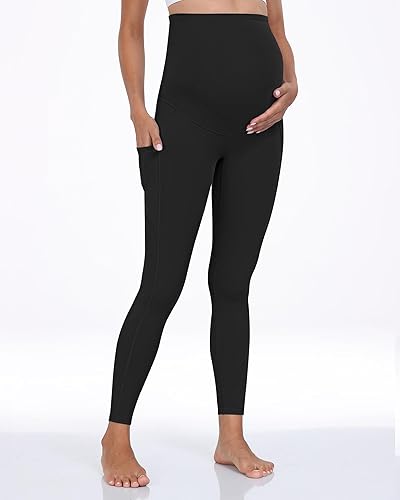 Miniatura 5 de WHOUARE Leggings de maternidad sobre el vientre con bolsillos para mujer, cintura alta, entrenamiento, pantalones de yoga 1 Packs-negro,1