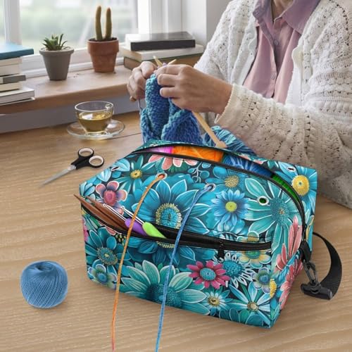 Image of Drnuikhe Blue Sunflower Portable Yarn Storage Bag for Knitting Kit, Large Crochet Bag Tote Gift Yarn Holder Case for Carrying Projects, Knitting Needles