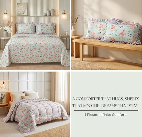 Image of HOMEKART 280 TC King Size Cotton 4pc AC Comforter Set: Soft Frill Quilt, Bedding Set Flat Sheet & 2 Frill Pillow Covers (Sky Blue and Peach Floral)