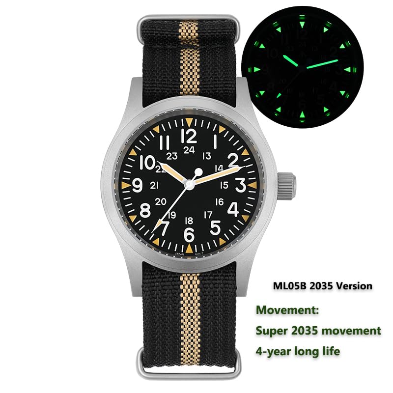 Image of Militado ML05 38mm VH31 Quartz Watch - Domed Sapphire Crystal Field Watch C3 Super Luminous Retro Sweep Wrist Watch for Men 100M Waterproof