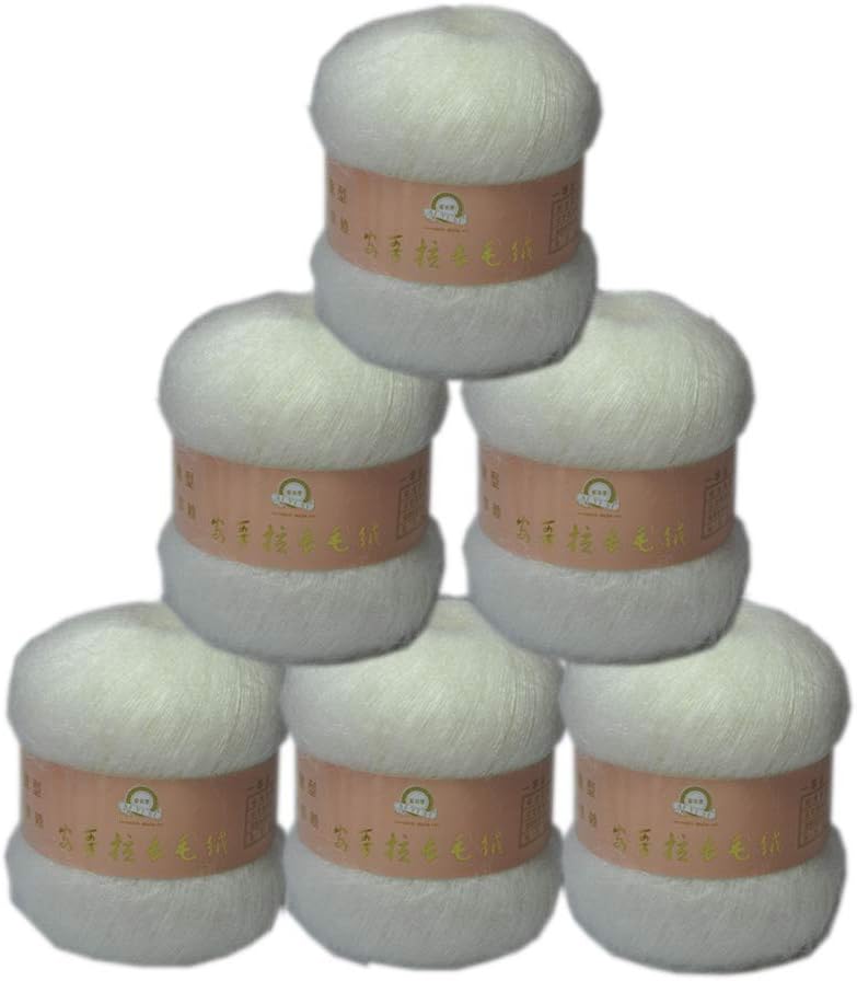 6 Skein Angola Mohair Yarn,Long-haired Angora Wool Cashmere Yarn for Knitting DIY Scarf Crochet Thread Supplies 300g (White)