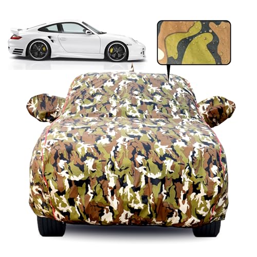 Image of Waterproof Car Body Cover for Porsche Cayman with Mirror Pocket, Soft Cotton Lining, Triple Stitched, Full Bottom Elastic (Heat Resistant Jungle Print with Red Piping)