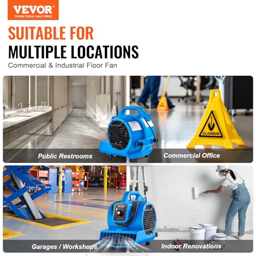 Image of VEVOR Floor Blower, 1360 RPM 600 CFM, Air Mover for Drying and Cooling, Portable Carpet Dryer Fan with 4 Blowing Angles,3-Speeds Adjustment, for Janitorial, Home, Plumbing, Commercial Use