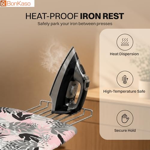 Image of BonKaso Premium Foldable Ironing Board with Adjustable Height & Heat Resistant Iron Rest | Ergonomic Ironing Table with Anti-Skid Legs, Fabric Cover & Foam Padding for Home - Pink