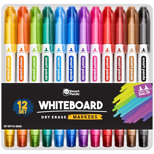 Smart Panda 12 Whiteboard Pens Dual Tip Thin White Board Markers Erasable Fine & Broad Dry Erase Marker Pens for Classroom Teachers Kids Home & Office 12 Set