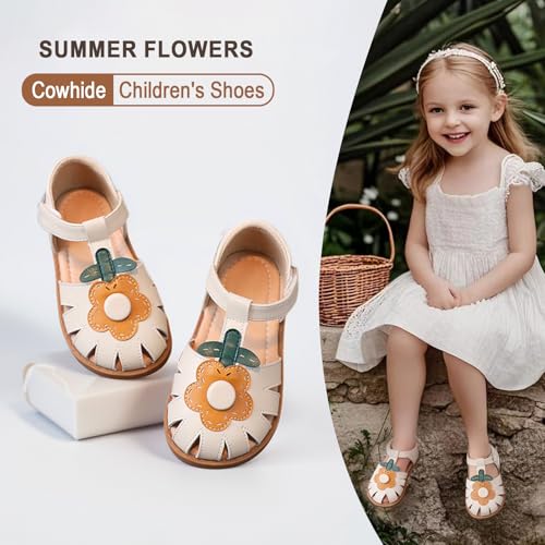Image of Toddler Girl Sandals with Flower, Breathable Leather kids Closed Toe Sandals, Soft Rubber Non-Slip Summer Shoes for Little Girls 2-7 Years