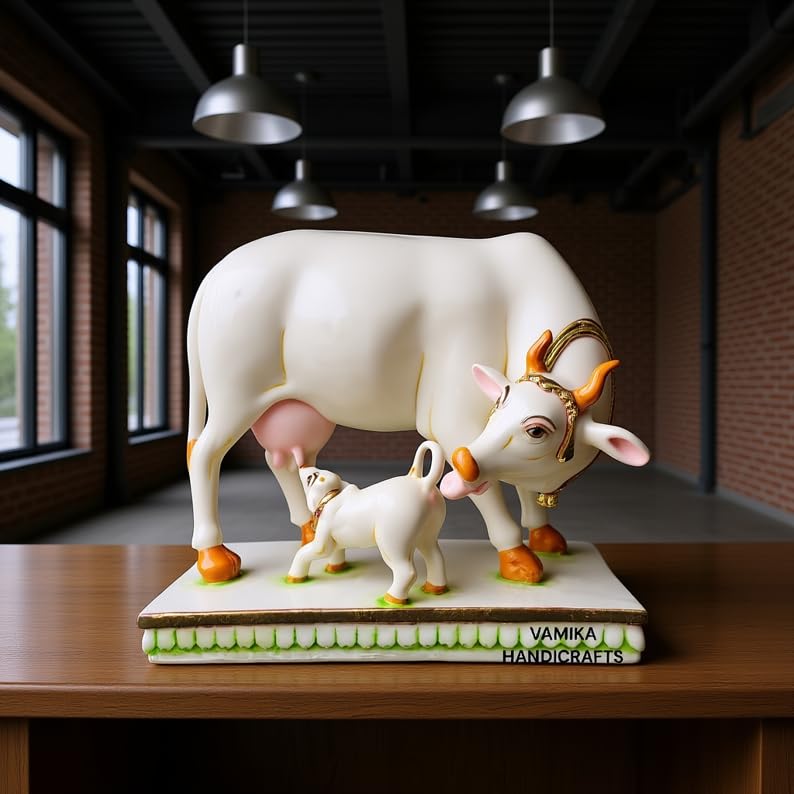 Image of Kamdhenu Cow Statue Cultured Marble Hand Painted Kamadhenu Cow and Calf Figure Animal Figurine House Warming Gift (16L x 8.2W x 15.5H Centimeters)