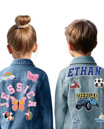 Personalized Kids Denim Jacket with Names Patch Custom Jean Jacket for Girls Boys 1-12 Years Customized Long Sleeve Jacket Clothes for Toddlers Birthday Christmas Back to School Gifts