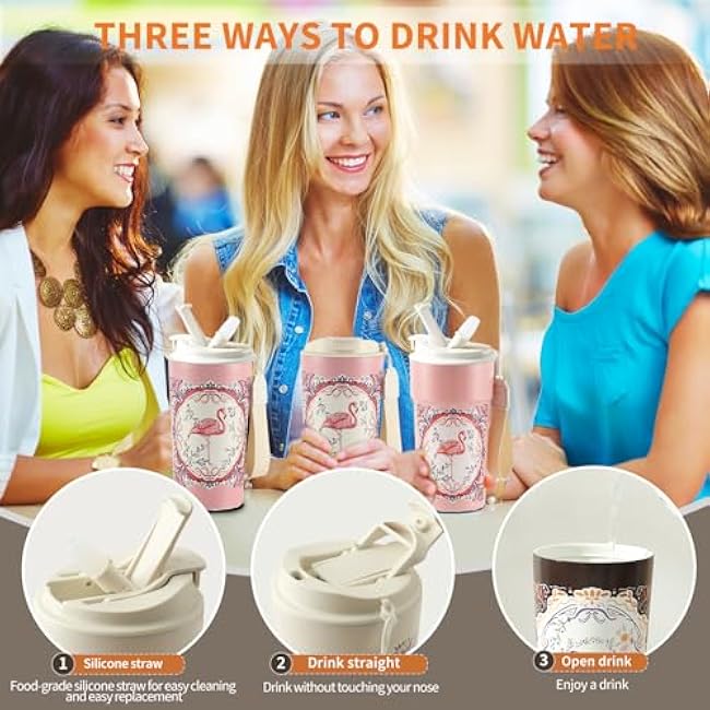 16.9oz,500ml 316 Stainless Steel Coffee Cup,316ss, Coffee Mug,Insulated Stainless Steel Coffee Tumbler, Reusable Iced Coffee Cup, Hot Coffee Travel Mug With Straw (FLAMINGO)