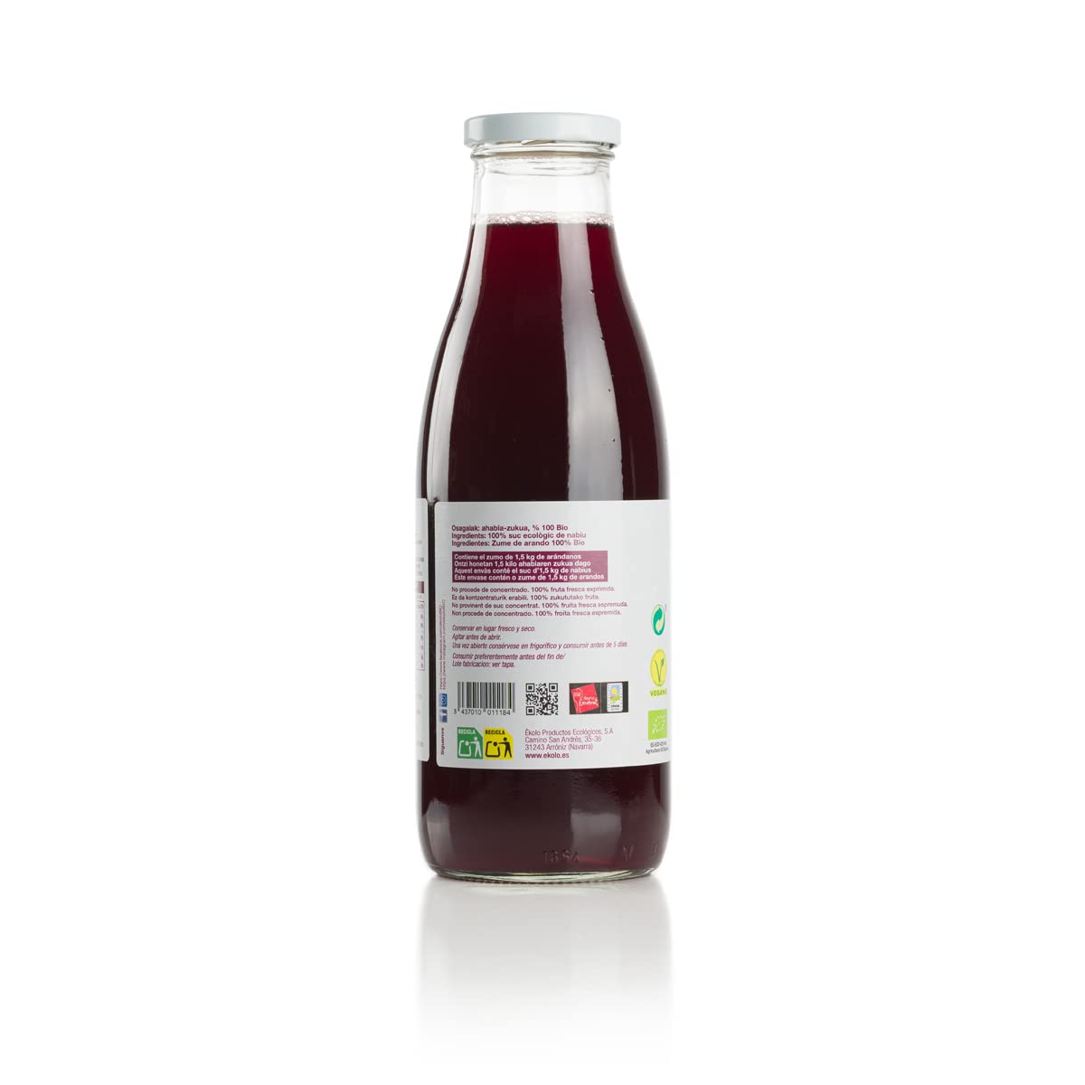 Zumo de Arándanos, Ecológico 100% Exprimido, 6 Botellas x 750 ml., 4.500 ml