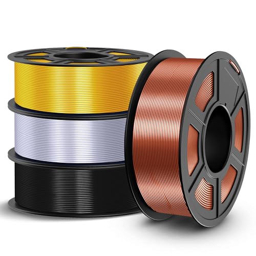 Image of TECBEARS Silk Filament 1.75, Shiny Silk PLA Filament, 3D Printer Filament with Smooth Silky Surface, Pack of 4, Light Gold+Sliver+Black+Red Copper