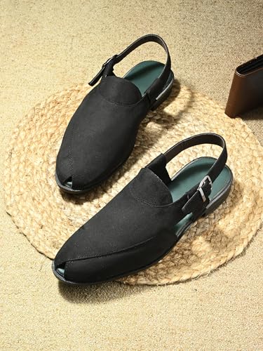 Image of Men Ethnic Peshawari Velvet Sandals | Synthetic Leather Slip-On Footwear for Wedding, Parties | Lightweight Traditional Outdoor Sandals for Men