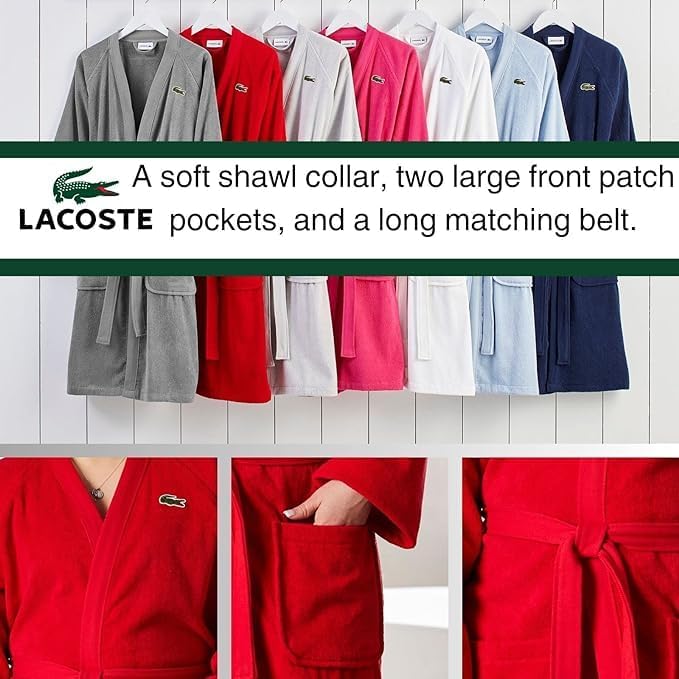 Lacoste Classic Pique Bath Robe, 100% Soft Cotton Terry, Unisex Adult Bathrobe, Absorbent & Quick Drying, One Size Fits Most - Image 4