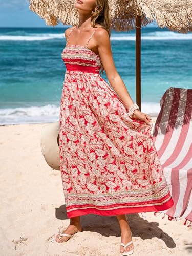 Image of CUPSHE Women Spaghetti Straps Boho Maxi Dress Summer Sleeveless Smocked Floral Beach Long Dress Flowy Cruise Vacation Outfits