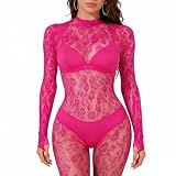 Women's High Neck Snake Lace Body Stocking Bodysuit, Leopard Print Stretchy Sheer Mesh Fishnet Jumpsuit for Night Out (Rose Pink)