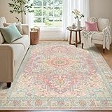 Kokia 140 x 200 cm waschbarer Teppich in Pink-Orange mit Vintage orientalischem Design, weicher Wohn, Schlafzimmerteppich, rutschfest, niedriger Flor, fleckenbeständig, Großer Teppich