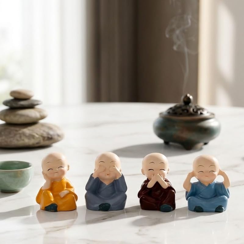 Image of Cute Mini Buddha Idol Statue for Car Dashboard,Resin Buddha Monk Set of 4 Statue Figurines Showpiece, Decoration Items Buddha for Table Decor Living Room Home,Showpiece, Fantasy(Multi Color)